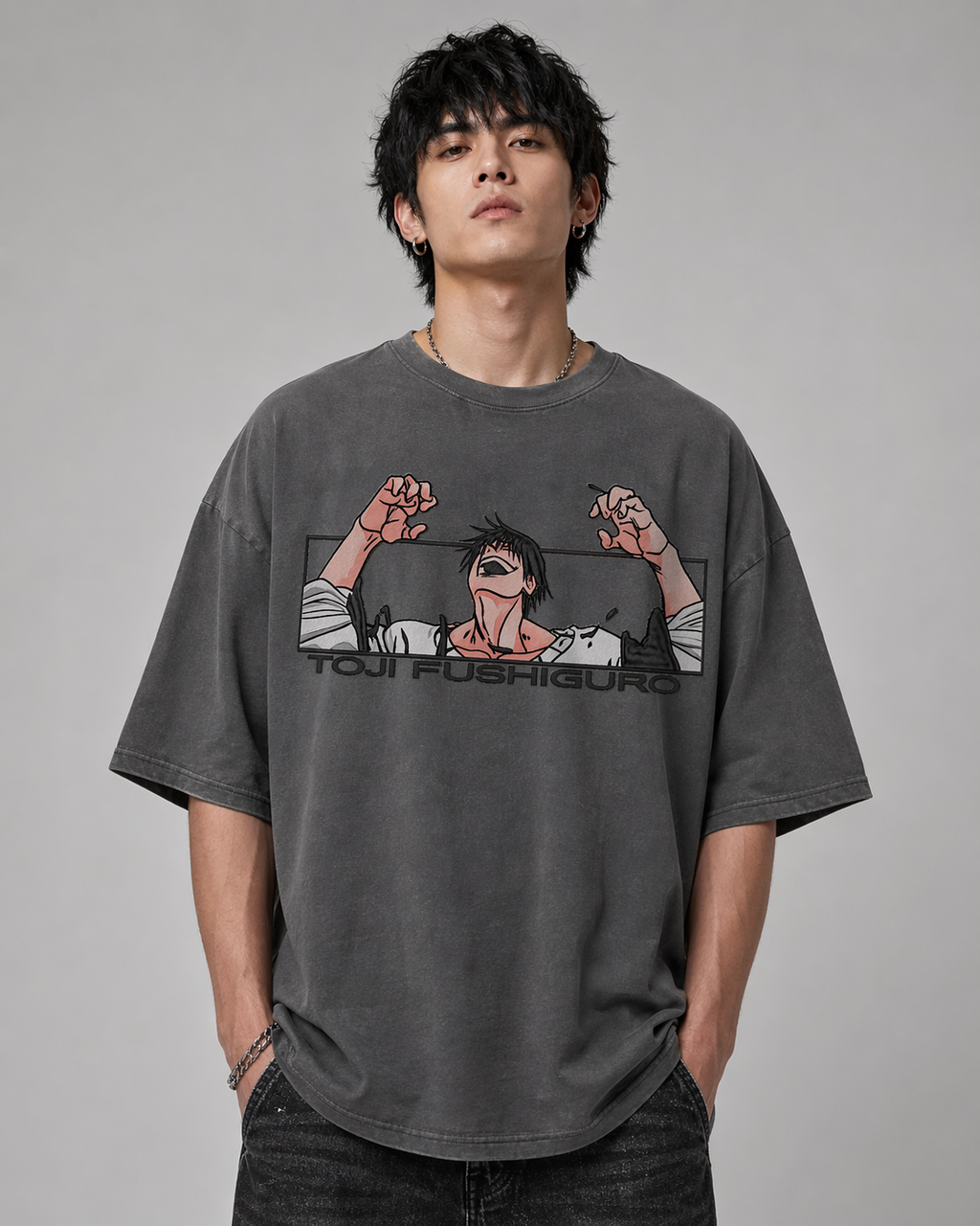 Toji Fushiguro Anime Back Print Oversized Gray T-Shirt