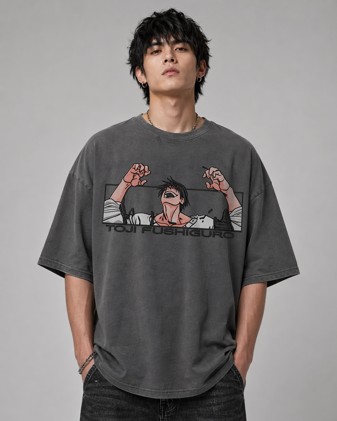 Toji Fushiguro Anime Back Print Oversized Gray T-Shirt