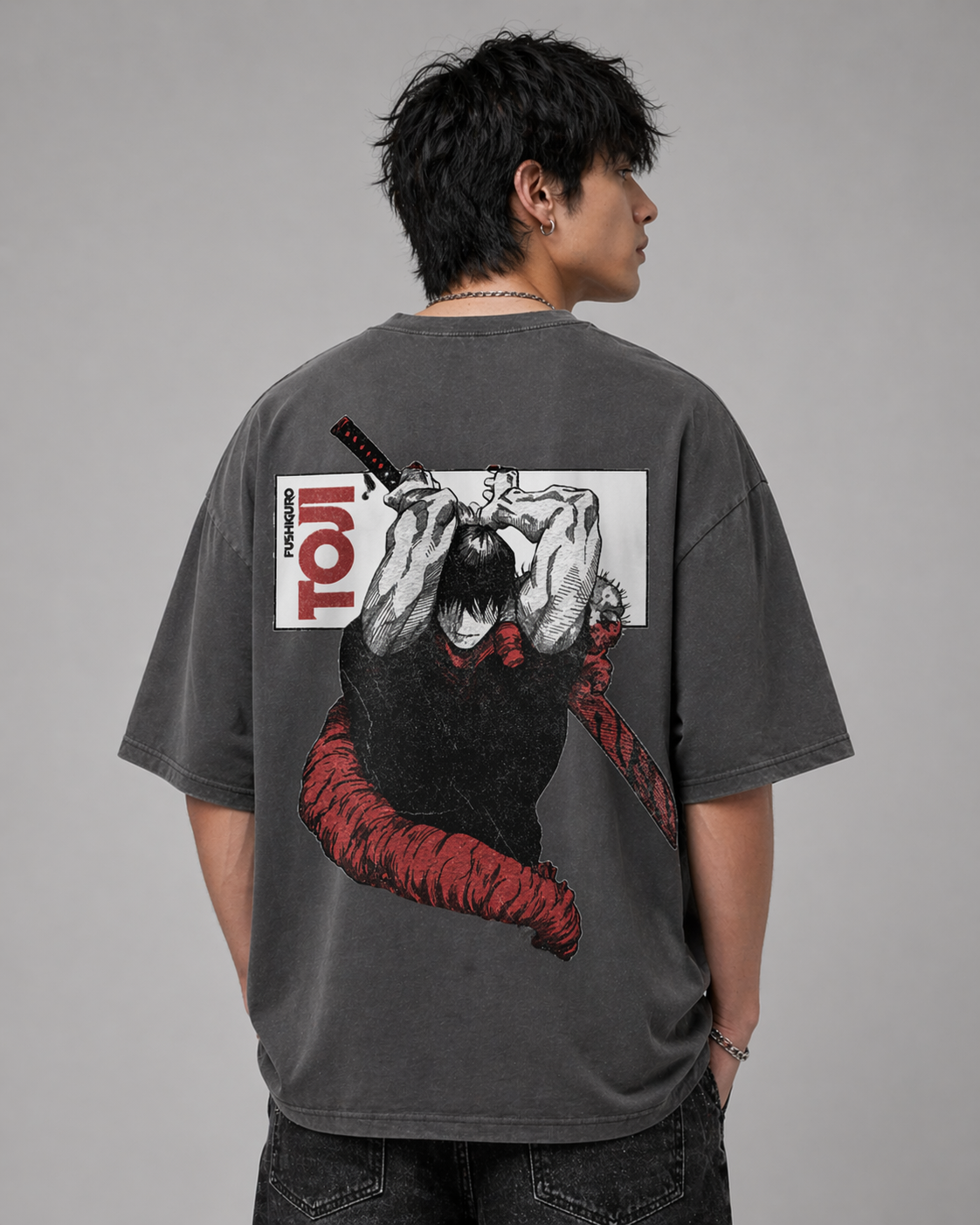 Toji Fushiguro Anime Back Print Oversized Gray T-Shirt