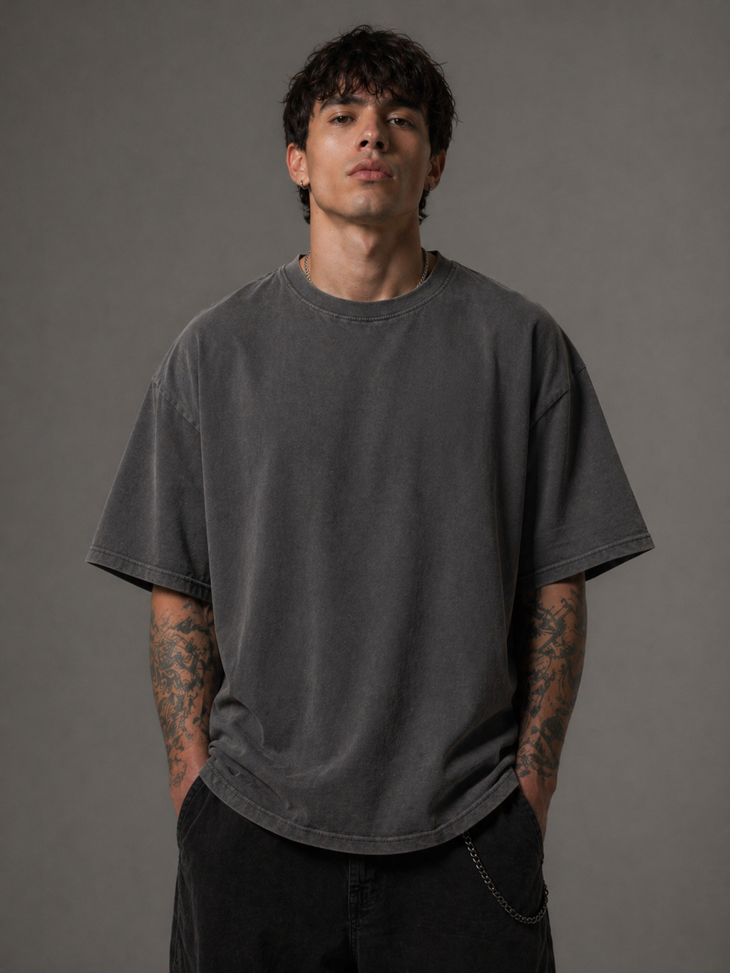 Men’s Oversized Washed Grey T-Shirt with Japanese Oni