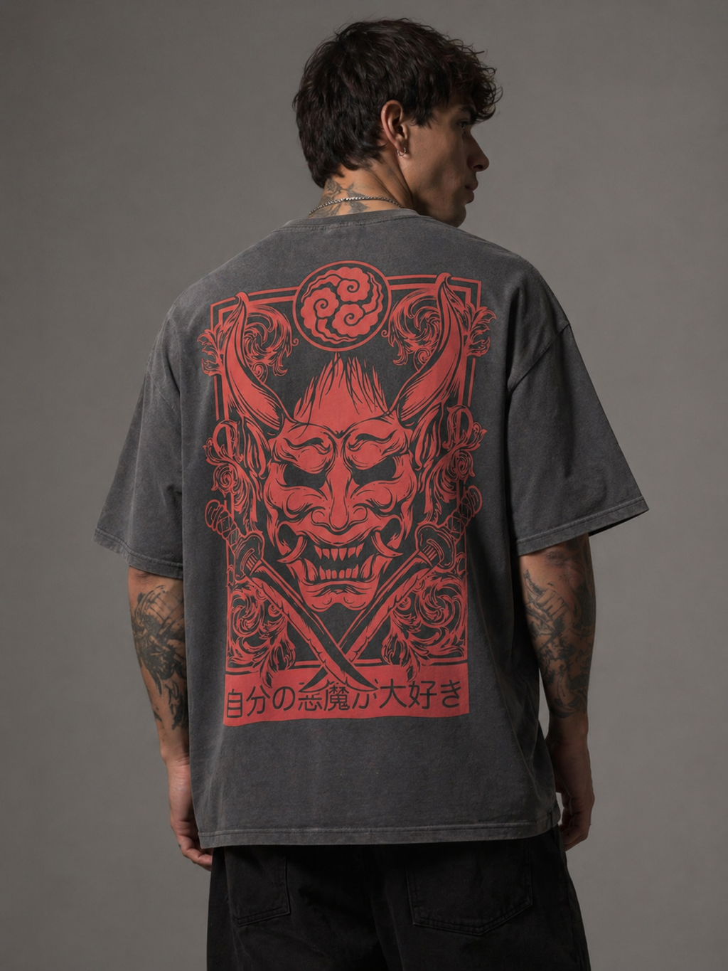 Men’s Oversized Washed Grey T-Shirt with Japanese Oni