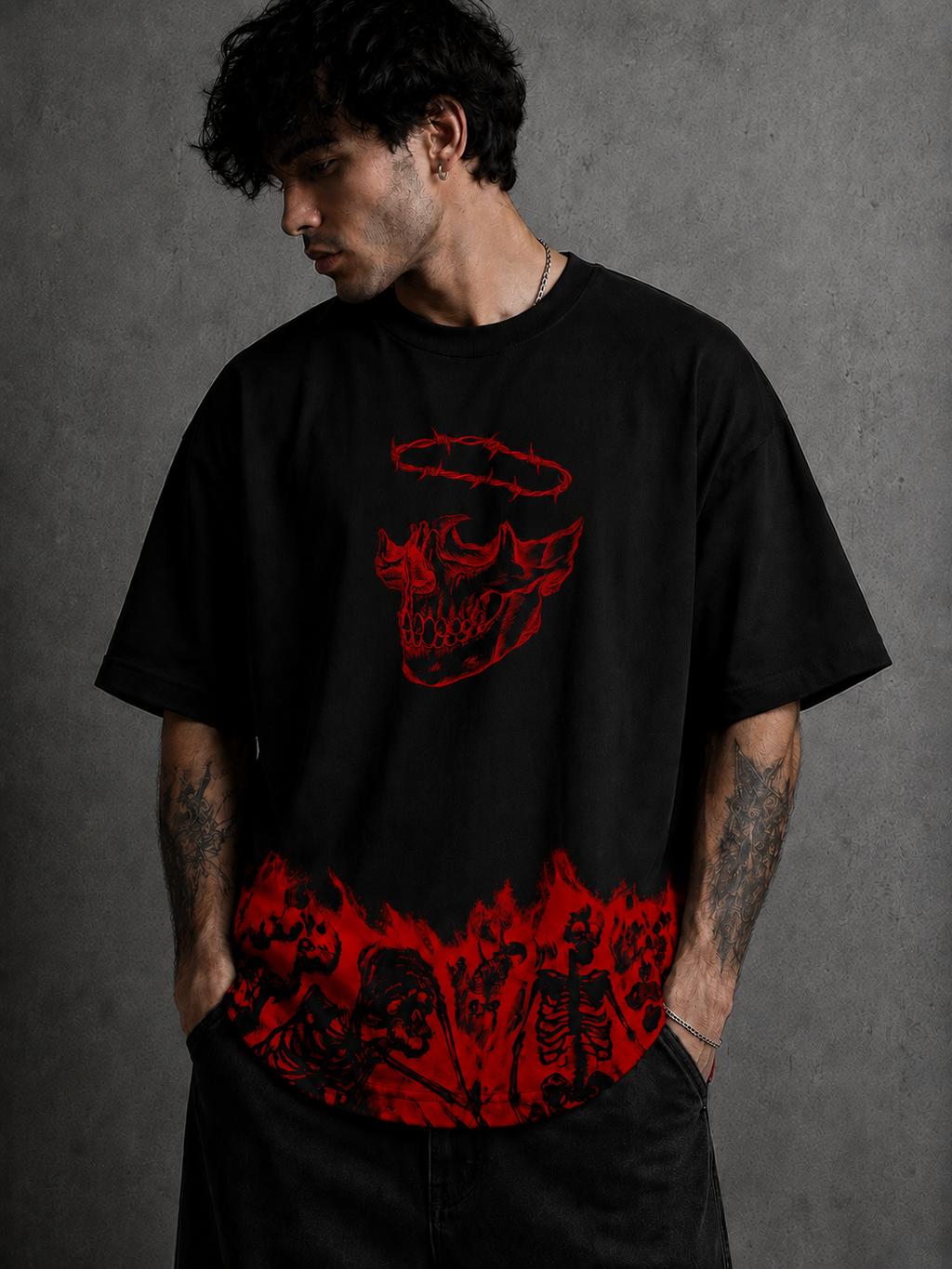 Infernal Halo Oversized Black Graphic T-Shirt