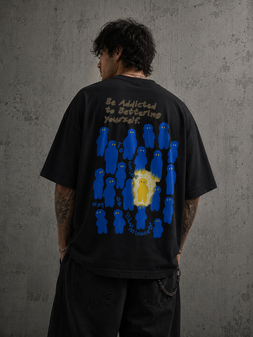 Oversized Black Graphic T-Shirt for Men | “Be Addicted to Bettering Yourself” Streetwear Tee