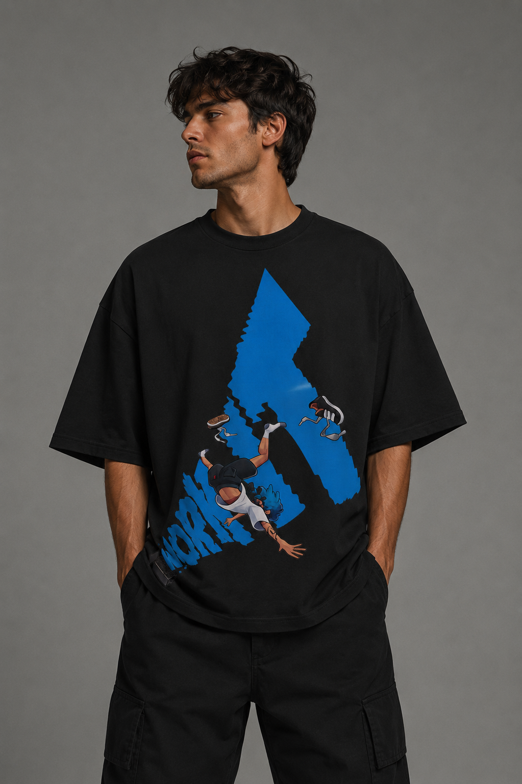 Falling Motion Graphic Oversized Black T-Shirt for Men | Fit and Flair