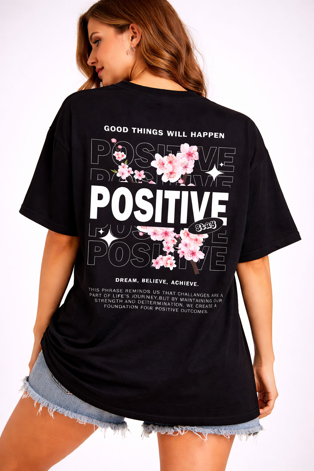 Stay Positive Floral Graphic Oversized Black T-Shirt